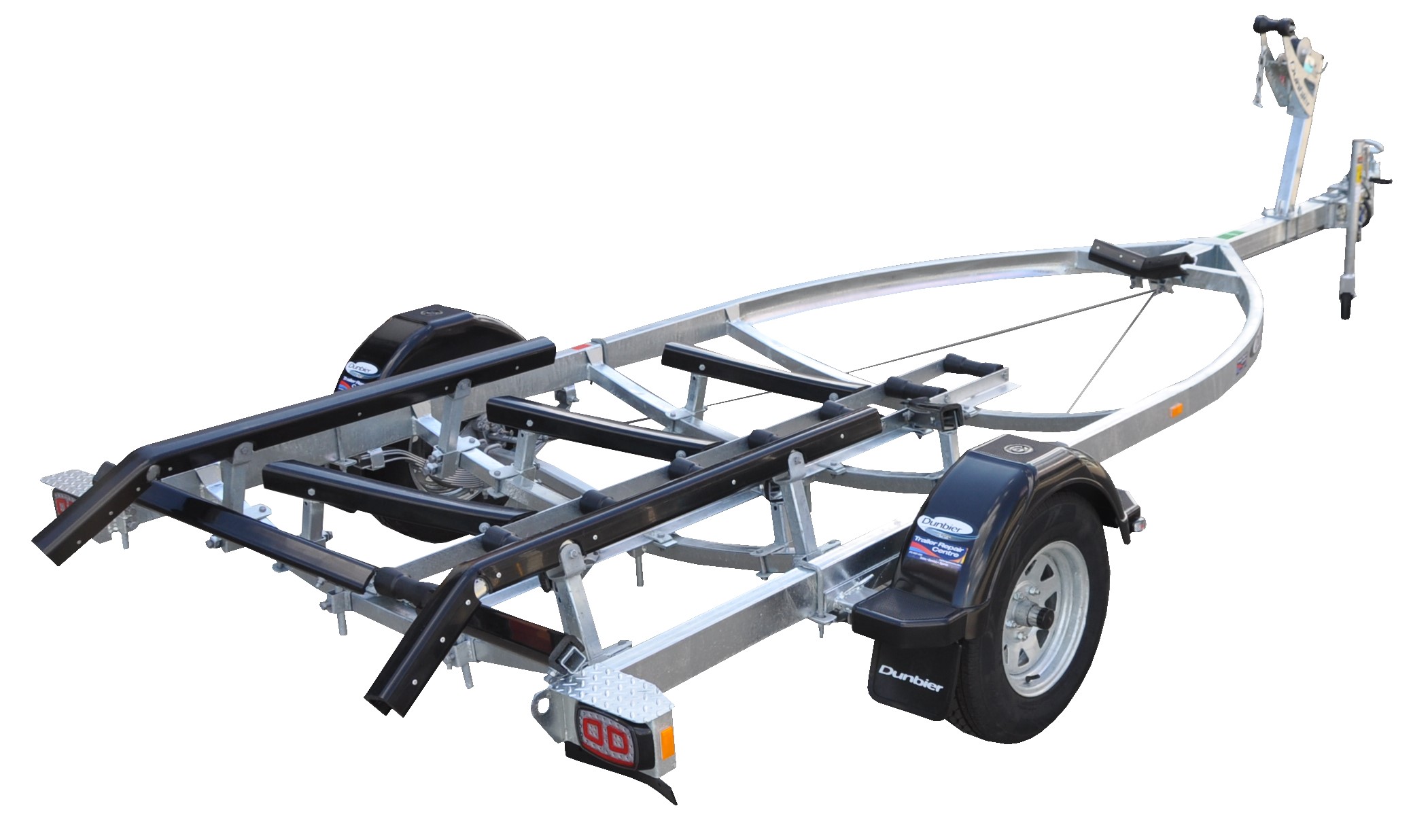 Dunbier single-axle aluminium boat trailer with black support rails, adjustable rollers, wheel guards, winch post and jockey wheel.